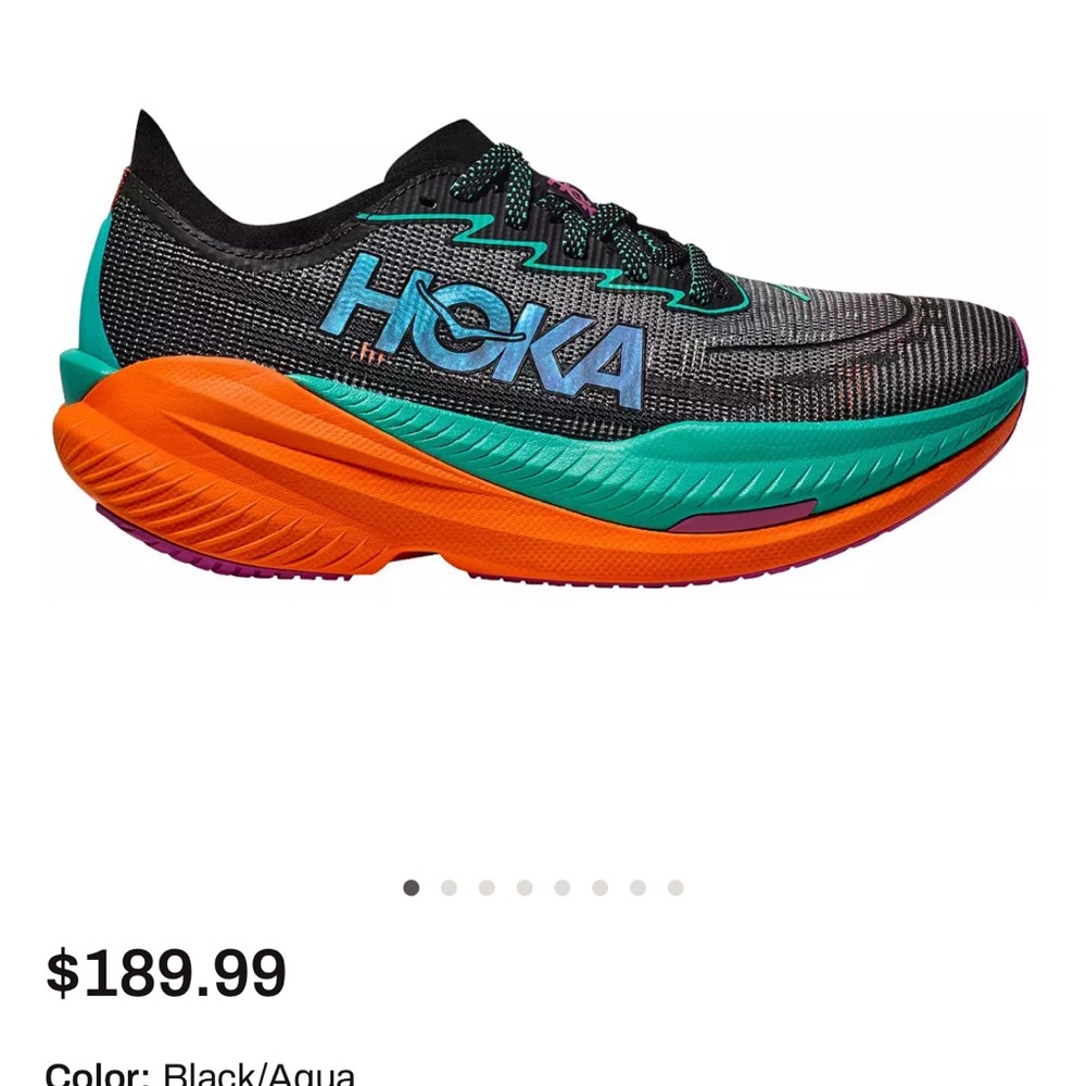 Hoka Black and Aqua Running Shoes with Orange Sole